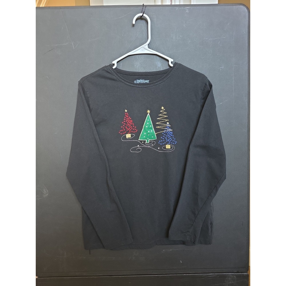 Southern Expressions Womens Plus Size MEDIUM Black Long Sleeve Christmas Trees